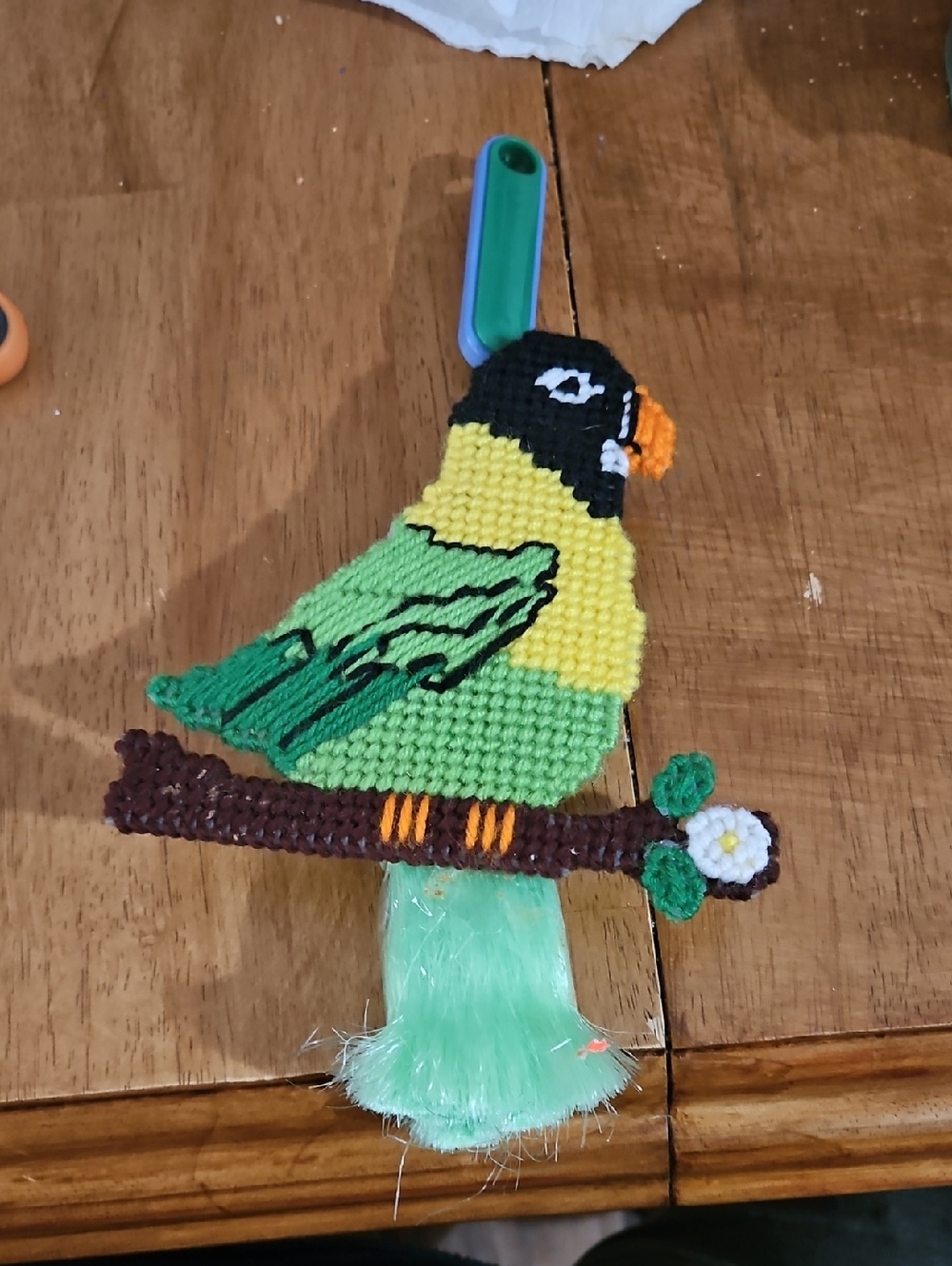 Handcrafted Green and Yellow Bird Duster Cover With Duster